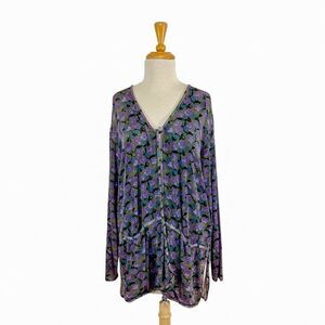 Flax M Purple Floral Cardigan Lilacs Art To Wear Lagenlook VTG Travel Fits L XL
